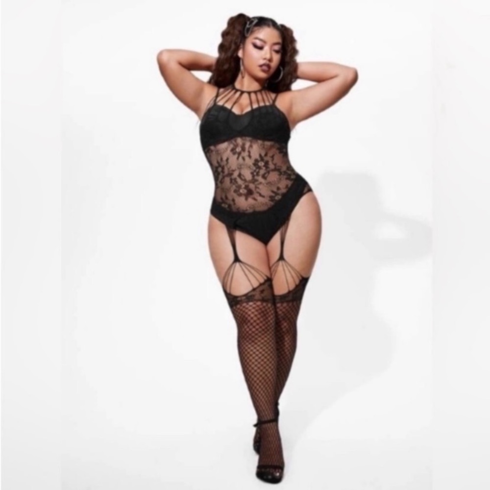 Plus Black Fishnet Bodystocking Lingerie - Picture 2 of 8